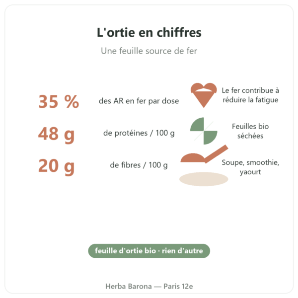 Feuilles d'ortie bio en poudre Nutripure 150 g bienfaits et chiffres Paris Herba Barona