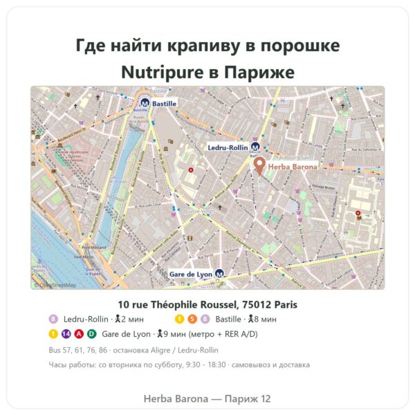 Где найти Органические листья крапивы в порошке Nutripure – 150 г - Herba Barona Paris