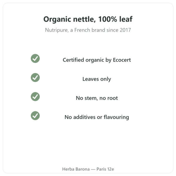Organic nettle leaf powder Nutripure – 150 g quality Paris Herba Barona