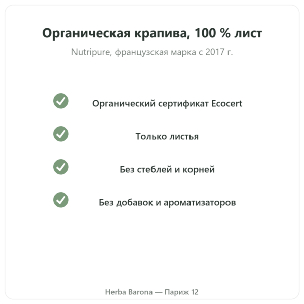 Органические листья крапивы в порошке Nutripure – 150 г качество Paris Herba Barona
