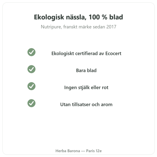 Ekologiska nässelblad i pulver Nutripure – 150 g kvalitet Paris Herba Barona
