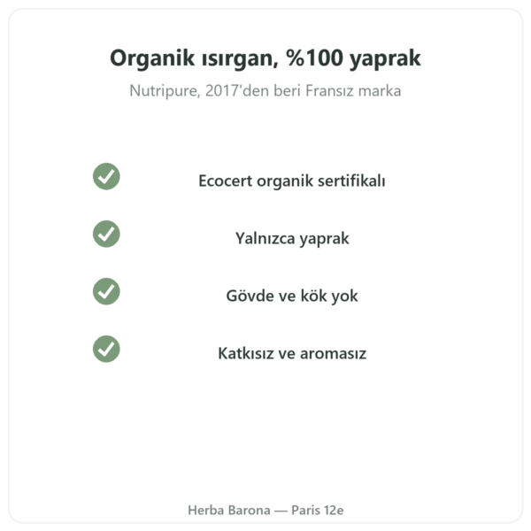 Organik ısırgan otu yaprağı tozu Nutripure – 150 g kalite Paris Herba Barona