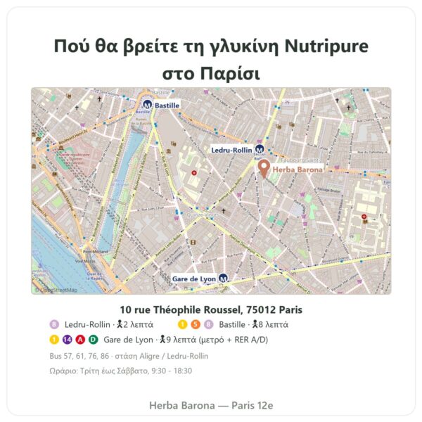 Πού θα βρείτε Κρυσταλλική γλυκίνη Nutripure 310 g - Herba Barona Paris