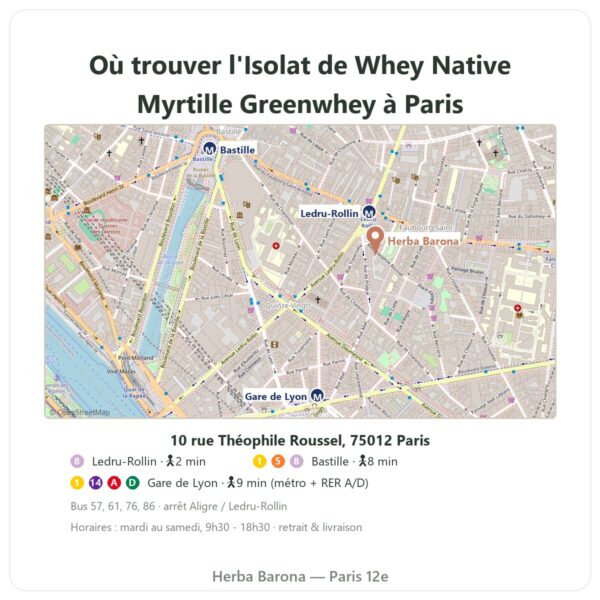 Où trouver l'Isolat de Whey Native Myrtille Greenwhey 900 g à Paris - plan boutique Herba Barona Paris 12e