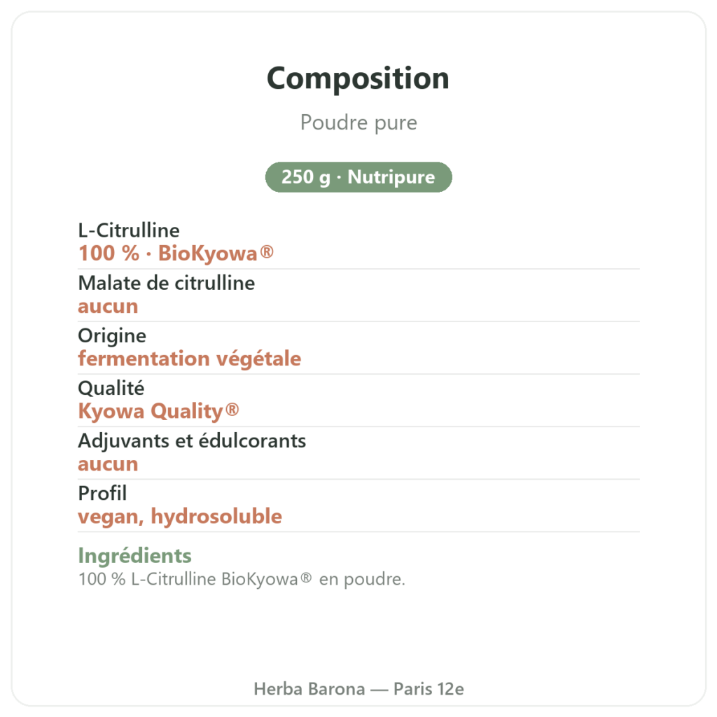 L-Citrulline BioKyowa® 250 g Nutripure composition Paris Herba Barona