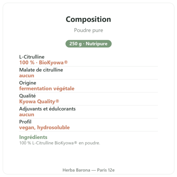 L-Citrulline BioKyowa® 250 g Nutripure composition Paris Herba Barona