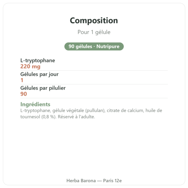 L-Tryptophane Nutripure 90 gélules composition Paris Herba Barona