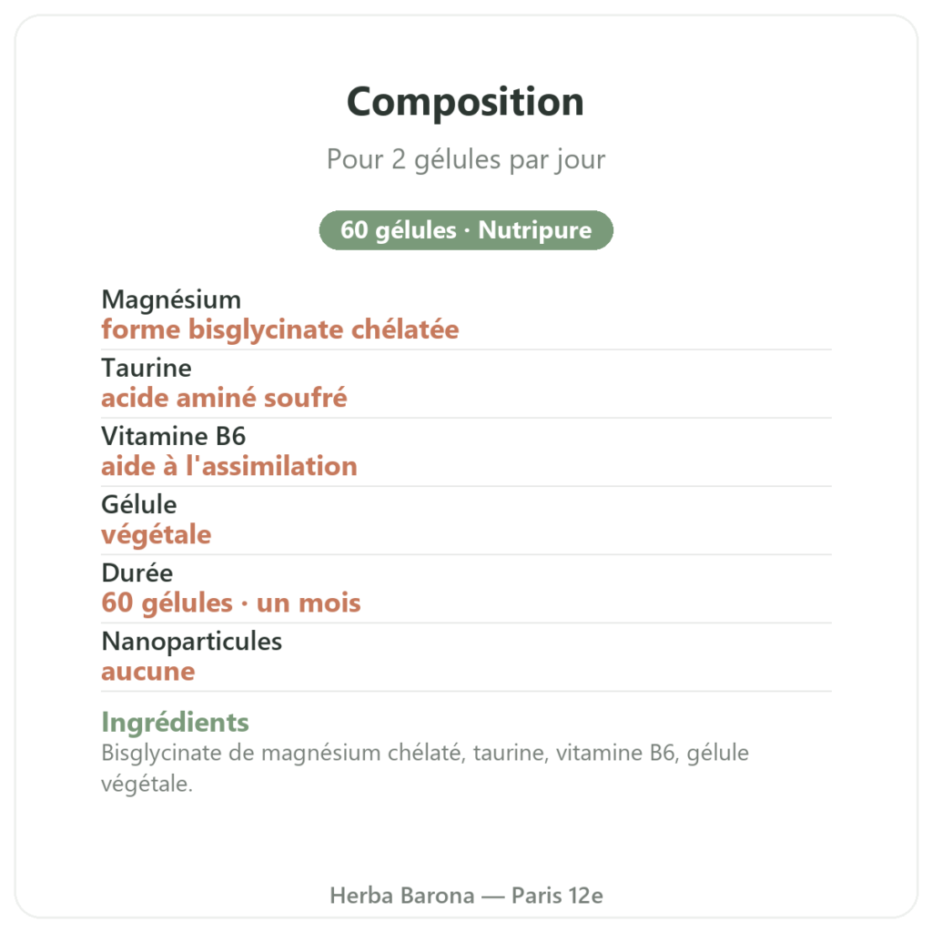 Magnésium bisglycinate 60 gélules Nutripure composition Paris Herba Barona