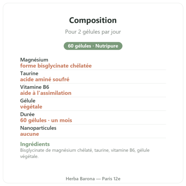 Magnésium bisglycinate 60 gélules Nutripure composition Paris Herba Barona
