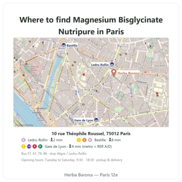 Where to find Magnesium Bisglycinate Taurine B6 Nutripure 60 capsules - Herba Barona Paris