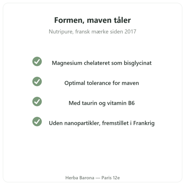 Magnesium Bisglycinat Taurin B6 Nutripure 60 kapsler kvalitet Paris Herba Barona