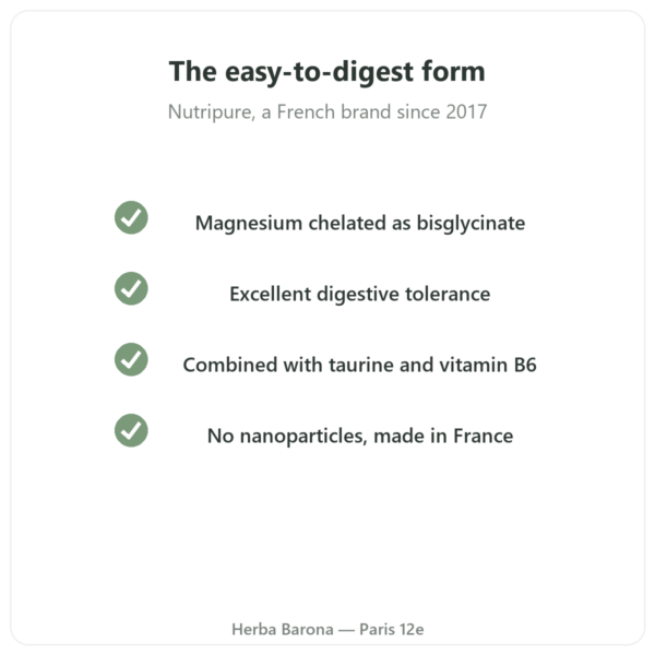 Magnesium Bisglycinate Taurine B6 Nutripure 60 capsules quality Paris Herba Barona