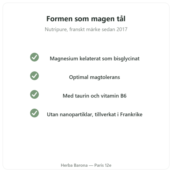 Magnesium Bisglycinat Taurin B6 Nutripure 60 kapslar kvalitet Paris Herba Barona