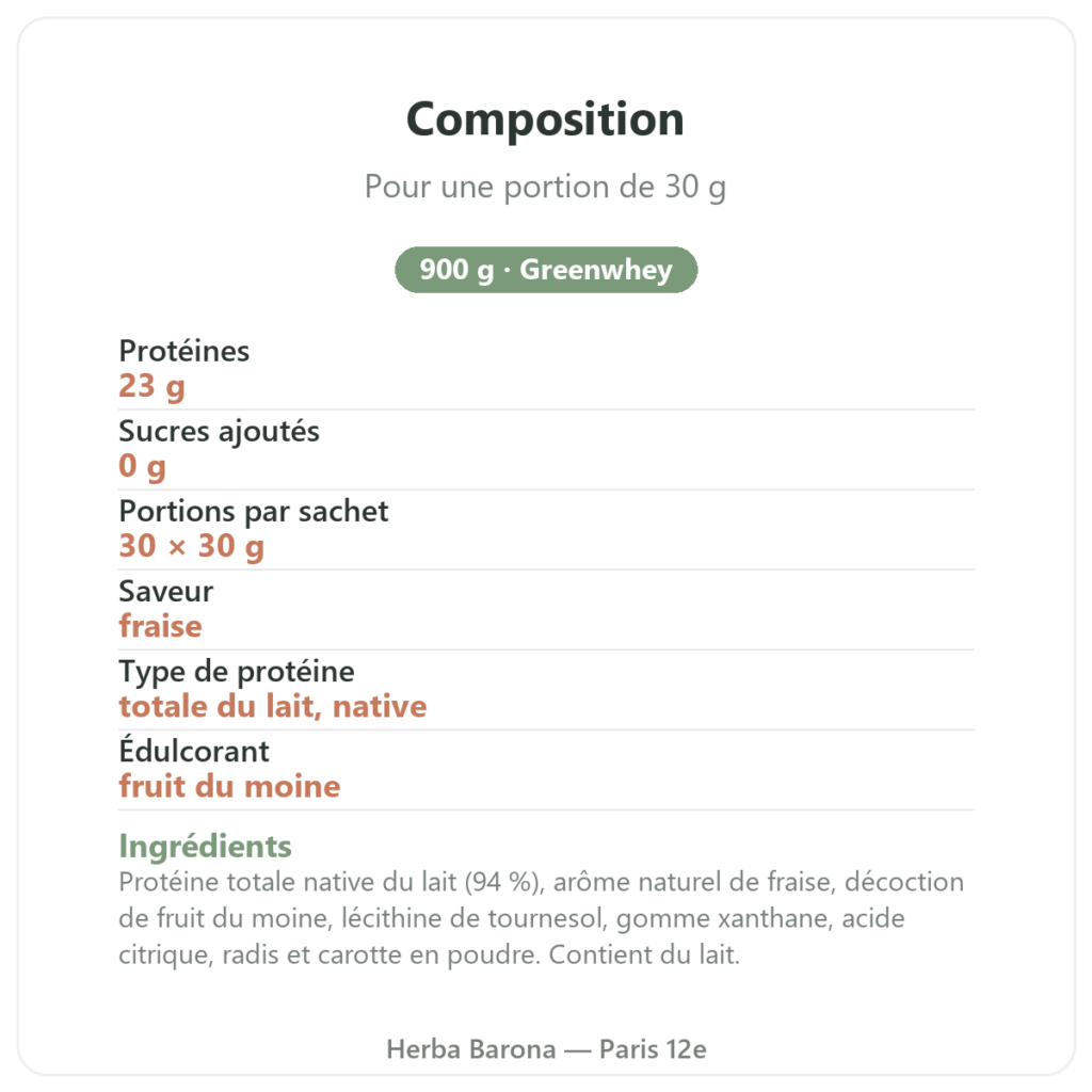 Milkshake Protéiné Fraise 900 g Greenwhey composition Paris Herba Barona