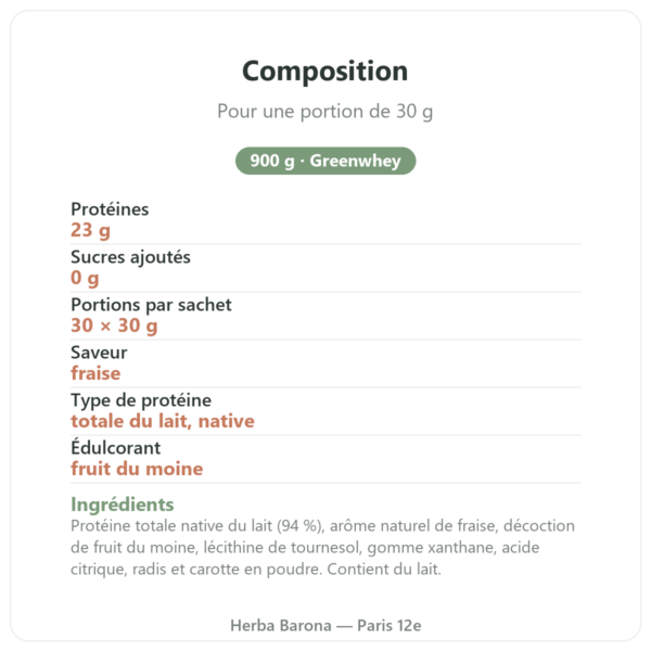Milkshake Protéiné Fraise 900 g Greenwhey composition Paris Herba Barona