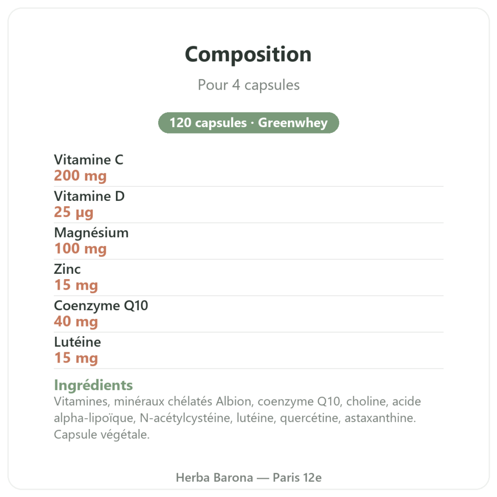 Multivitamines et Minéraux 120 capsules Greenwhey composition Paris Herba Barona