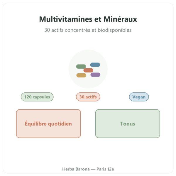 Multivitamines et Minéraux 120 capsules Greenwhey présentation Paris Herba Barona