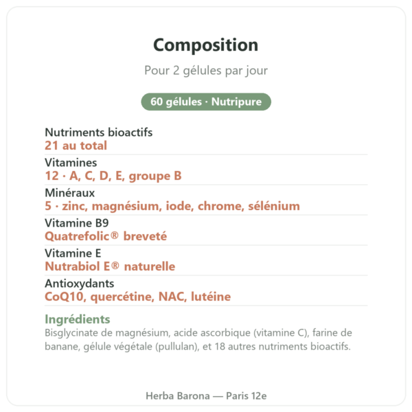 Multivitamines 60 gélules Nutripure composition Paris Herba Barona