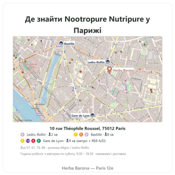 Де знайти Nootropure Nutripure 90 капсул (1 місяць) - Herba Barona Paris
