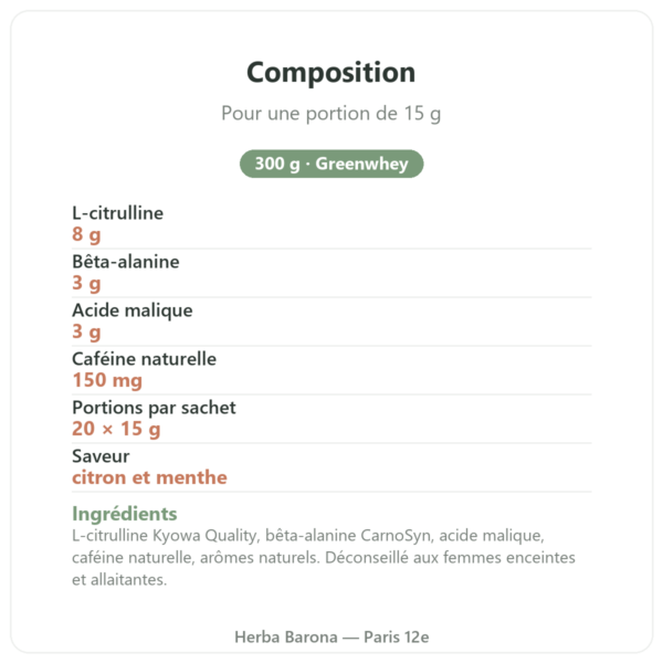 Pre-Workout Citron & Menthe 300 g Greenwhey composition Paris Herba Barona