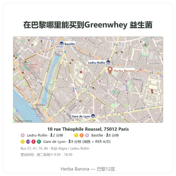 购买地点 Greenwhey 益生菌与益生元 60粒胶囊 - Herba Barona Paris