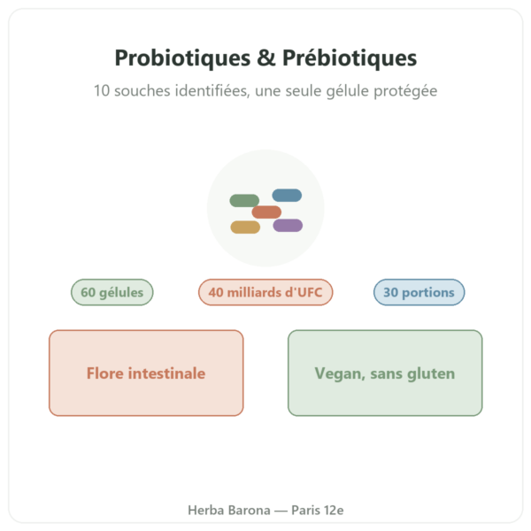 Probiotiques & Prébiotiques Greenwhey 60 gélules présentation Paris Herba Barona