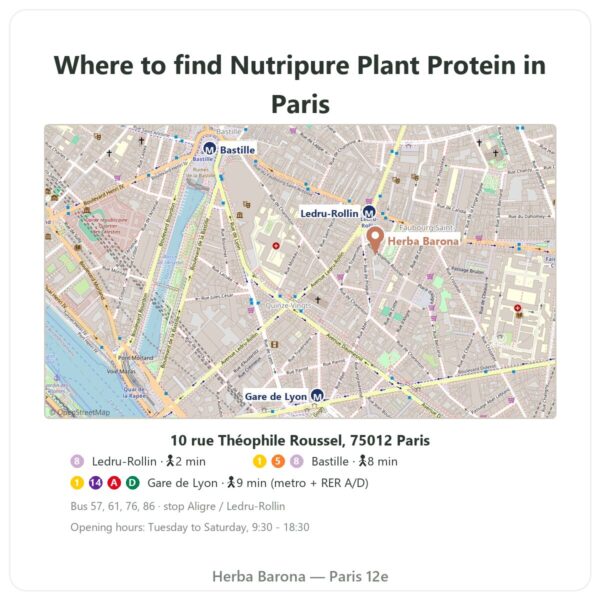 Where to find Organic Plant Protein Nutripure unflavoured 750 g - Herba Barona Paris