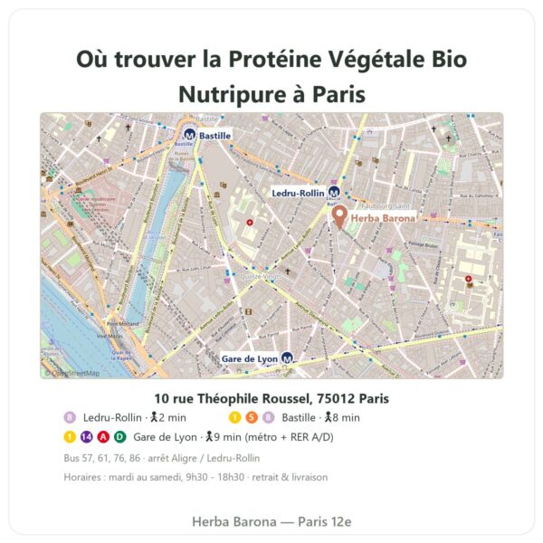 Où trouver la Protéine Végétale Bio Nutripure neutre 750 g à Paris - plan boutique Herba Barona Paris 12e