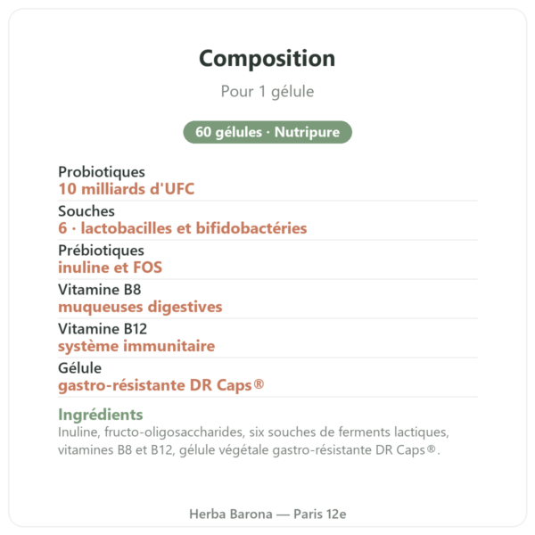 Pure Bio² probiotiques 60 gélules Nutripure composition Paris Herba Barona
