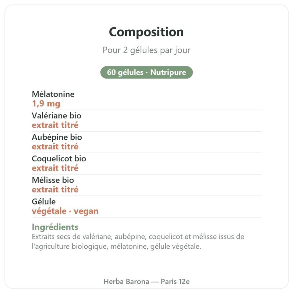 Pure Sommeil 60 gélules Nutripure composition Paris Herba Barona