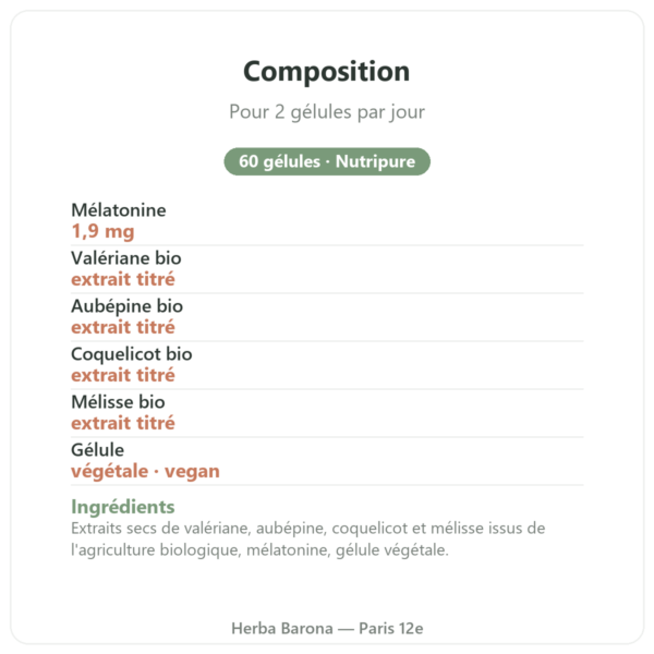 Pure Sommeil 60 gélules Nutripure composition Paris Herba Barona