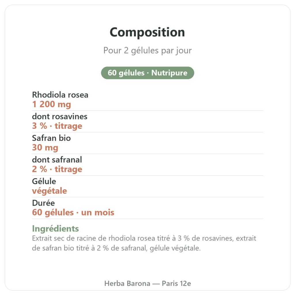 Rhodiola et Safran 60 gélules Nutripure composition Paris Herba Barona