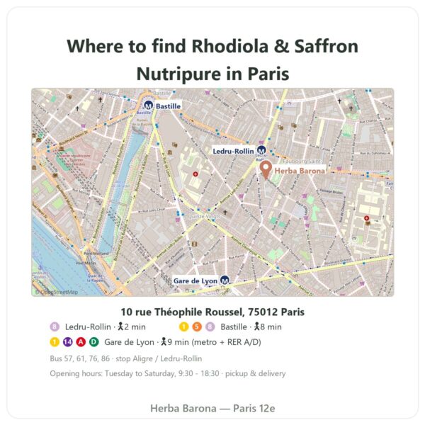 Where to find Rhodiola Rosea & Saffron Nutripure 60 capsules - Herba Barona Paris