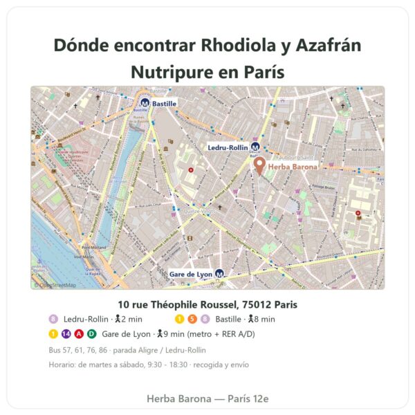Dónde encontrar Rhodiola Rosea y Azafrán Nutripure 60 cápsulas - Herba Barona Paris
