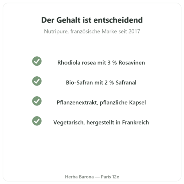 Rhodiola Rosea und Safran Nutripure 60 Kapseln Qualität Paris Herba Barona