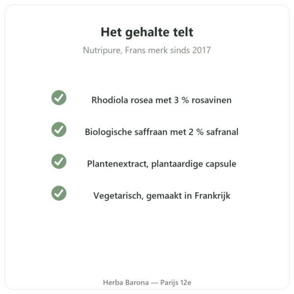 Rhodiola Rosea en Saffraan Nutripure 60 capsules kwaliteit Paris Herba Barona