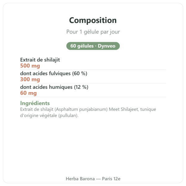 Shilajit pur Dynveo 500 mg 60 gélules composition valeurs nutritionnelles Paris Herba Barona