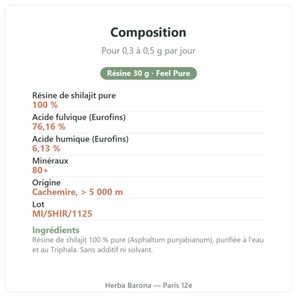 Shilajit résine pure Feel Pure 30 g composition acide fulvique Paris Herba Barona