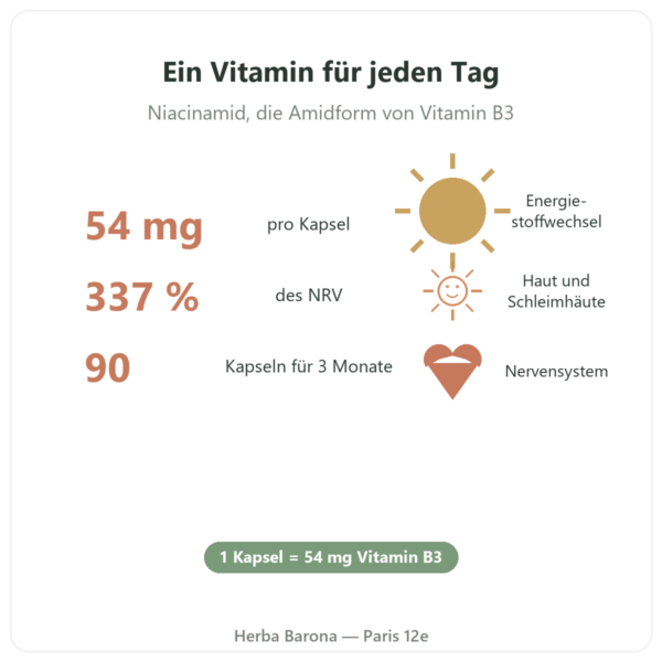 Vitamin B3 (Niacinamid) Nutripure 90 Kapseln Vorteile und Zahlen Paris Herba Barona