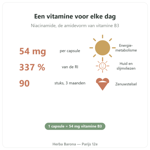 Vitamine B3 (niacinamide) Nutripure 90 capsules voordelen en cijfers Paris Herba Barona