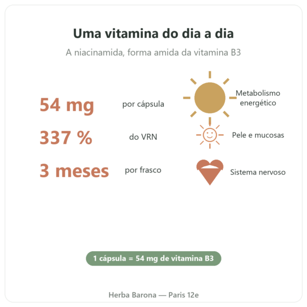 Vitamina B3 (niacinamida) Nutripure 90 cápsulas benefícios e números Paris Herba Barona