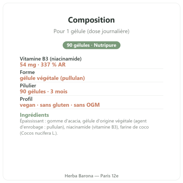 Vitamine B3 niacinamide Nutripure 54 mg 90 gélules composition valeurs nutritionnelles Paris Herba Barona