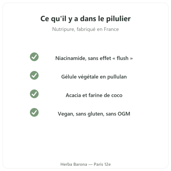 Vitamine B3 niacinamide Nutripure 54 mg 90 gélules qualité Paris Herba Barona