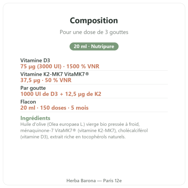 Vitamine D3 + K2-MK7 Nutripure 3000 UI 20 ml composition valeurs nutritionnelles Paris Herba Barona