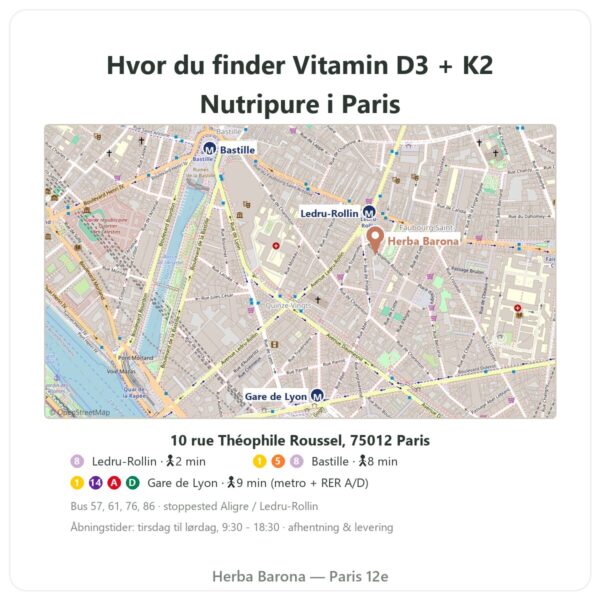 Hvor man finder Vitamin D3 + K2-MK7 3000 IE Nutripure 20 ml - Herba Barona Paris