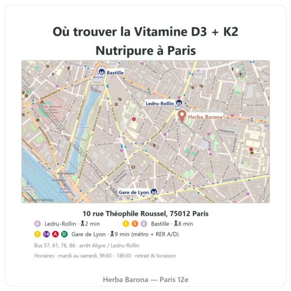 Où trouver la Vitamine D3 + K2-MK7 Nutripure 3000 UI 20 ml à Paris - plan boutique Herba Barona Paris 12e