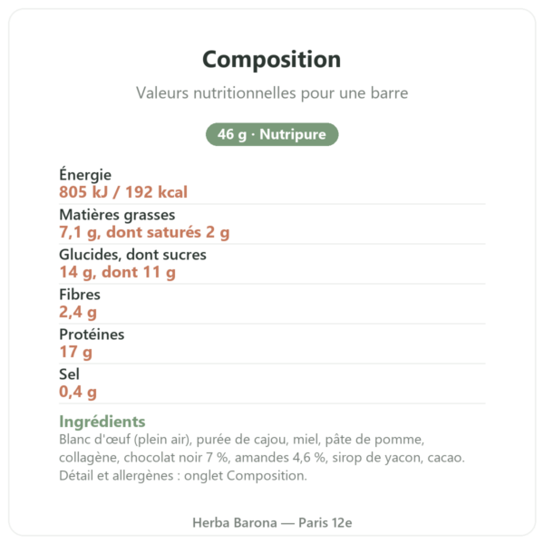 Barre protéinée chocolat amandes Nutripure 46 g composition valeurs nutritionnelles Paris Herba Barona