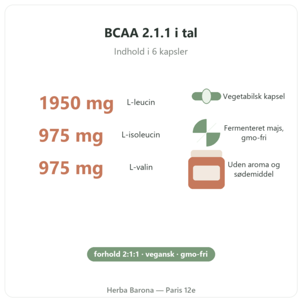 BCAA 2.1.1 Nutripure 180 kapsler egenskaber og tal Paris Herba Barona