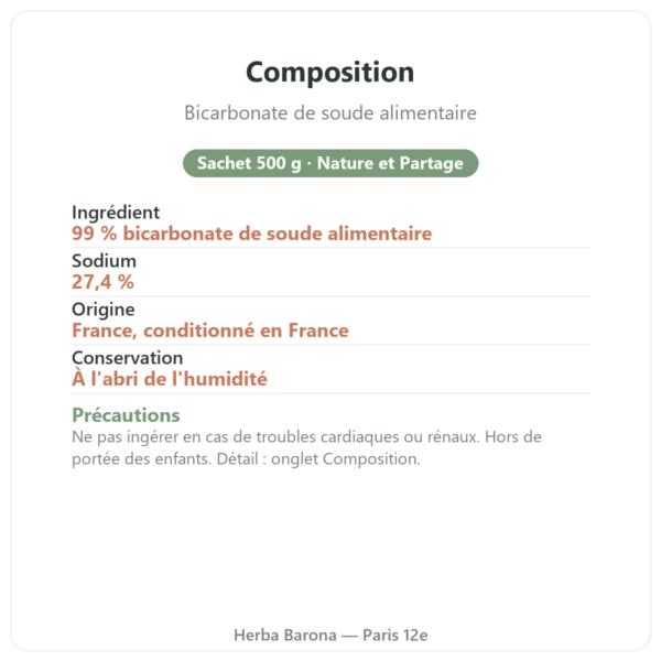 Bicarbonate de soude alimentaire Nature et Partage 500 g composition Paris Herba Barona