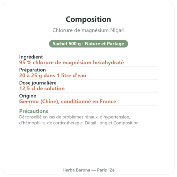 Chlorure de magnésium Nigari Nature et Partage 500 g composition Paris Herba Barona